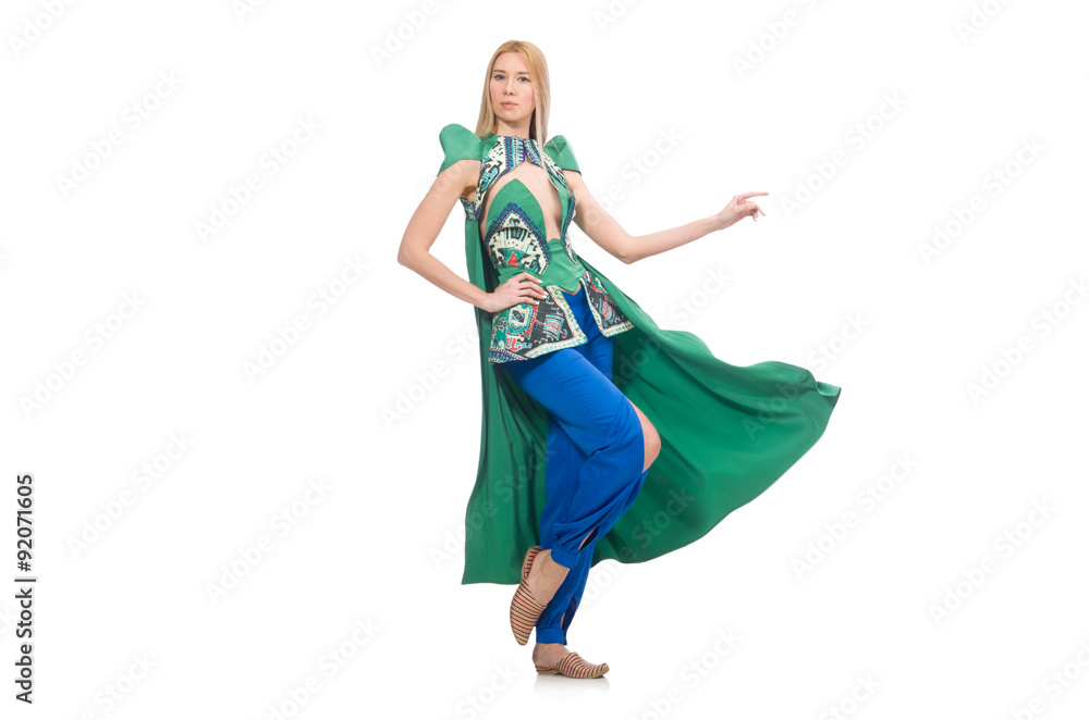 Woman in oriental green clothing isolated on white