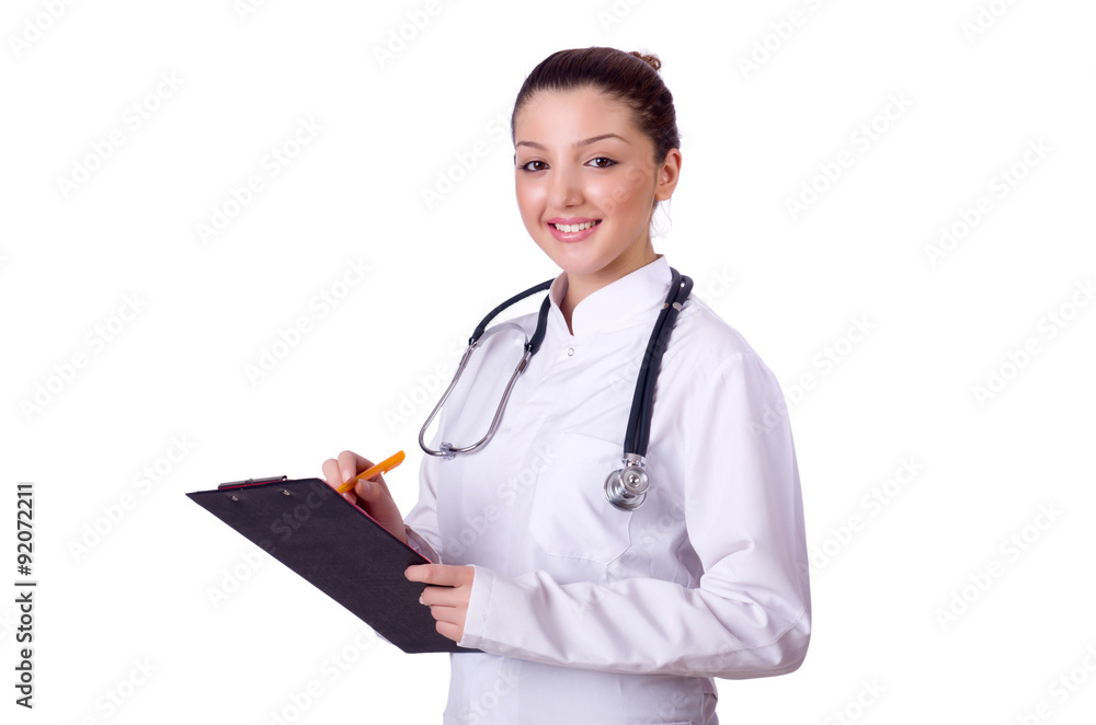 Pretty female doctor holding diary isolated on white Pretty female doctor holding diary isolated on white