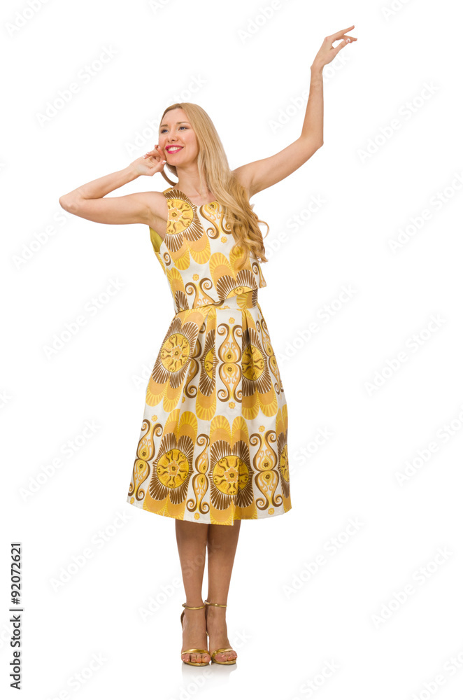 Pretty girl in yellow floral dress isolated on white Pretty girl in yellow floral dress isolated on white
