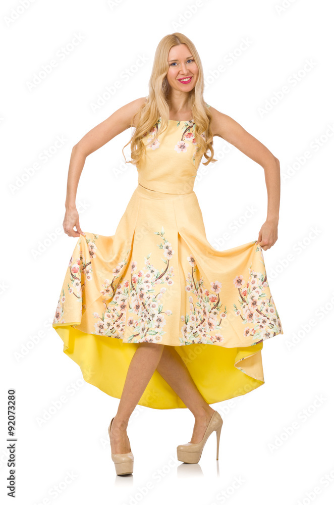 Blond girl in charming dress with flower prints isolated on whit