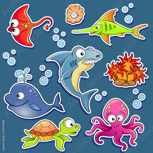 Stickers of cute cartoon sea animals