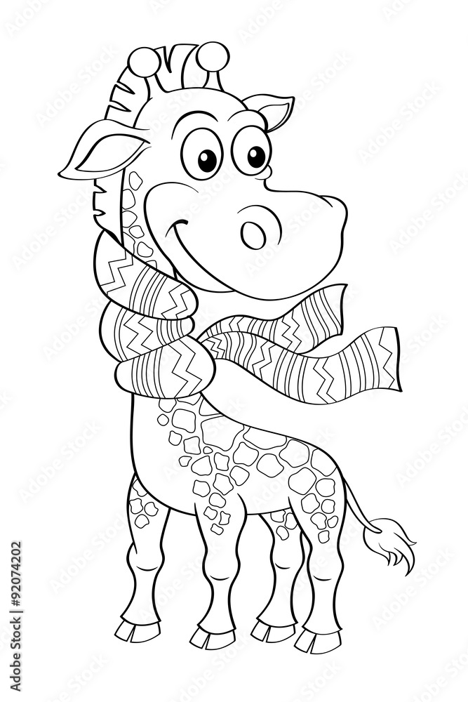 Funny cartoon giraffe with scarf. Black and white vector illustration for coloring book Funny cartoon giraffe with scarf. Black and white vector illustration for coloring book