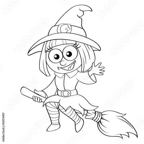 Halloween witch flying on broom. Black and white vector illustration for coloring book