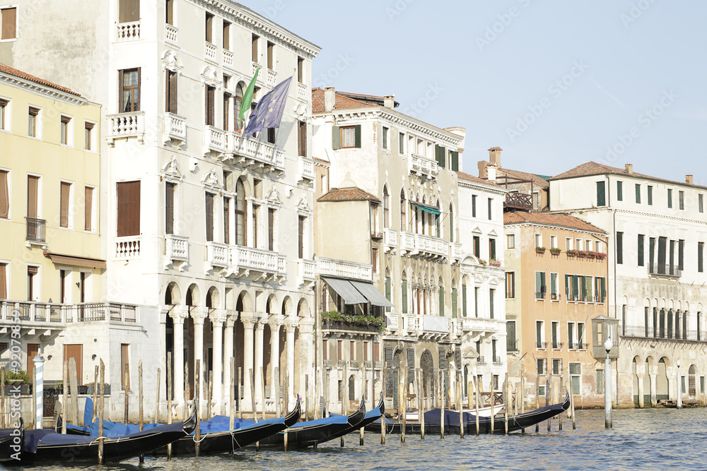 Beautiful classical buildings and gondolas on the Grand Canal, Venice, Italy