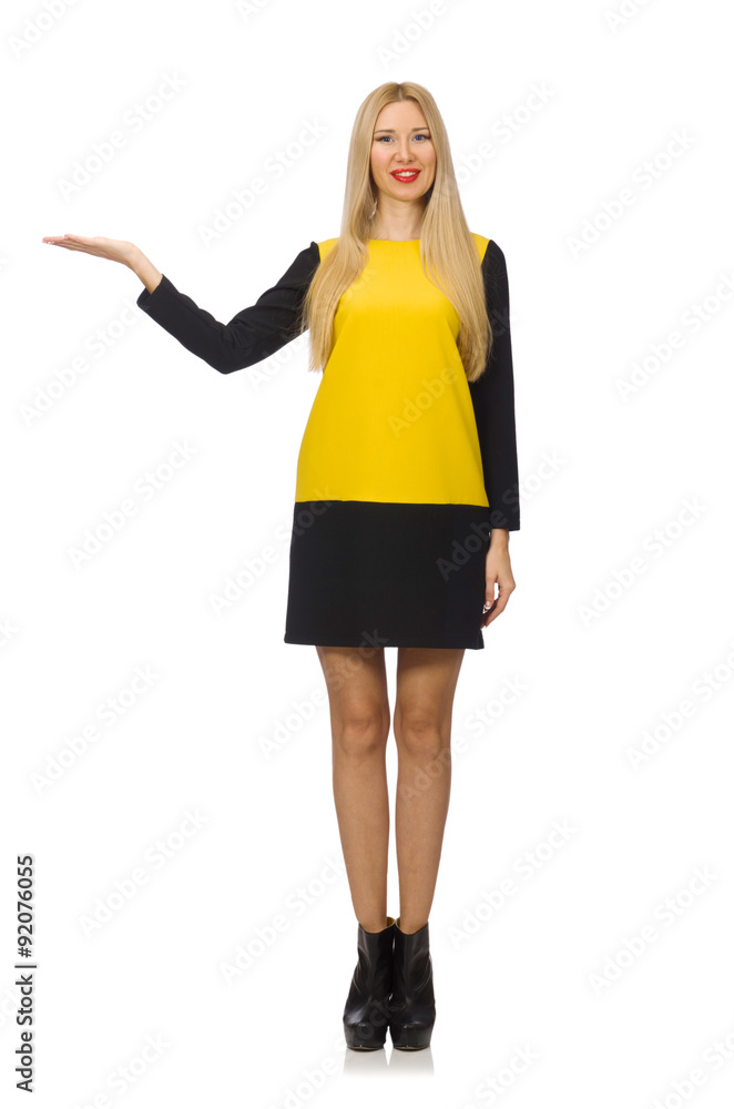 Blond hair girl in yellow and black clothing isolated on white Blond hair girl in yellow and black clothing isolated on white