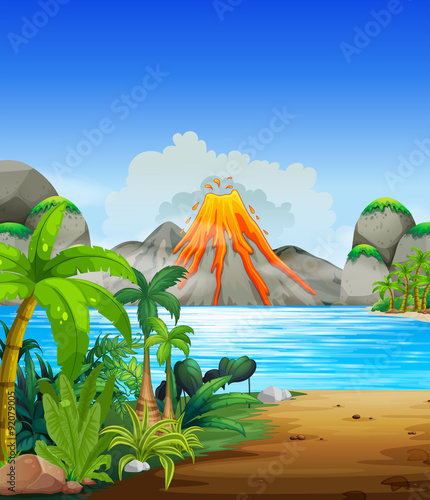 Volcano eruption behind the lake