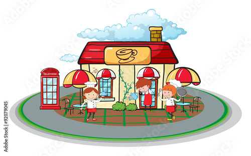 Waiter and waitress in front of cafe
