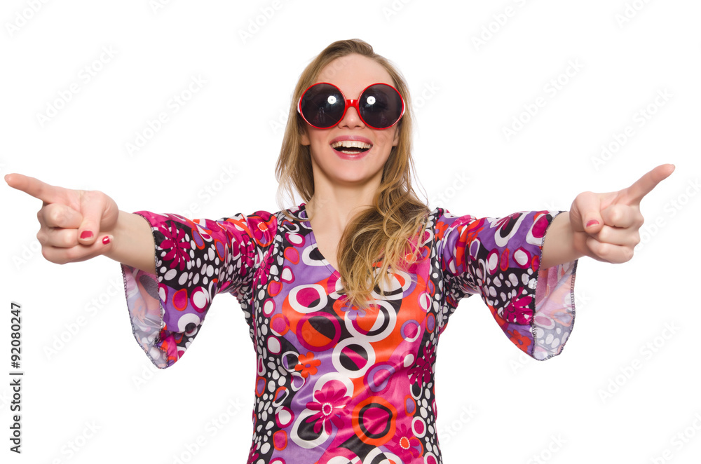 Pretty girl in dress with pink prints isolated on white Pretty girl in dress with pink prints isolated on white