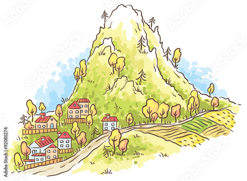 Cartoon town at the foot of the mountain