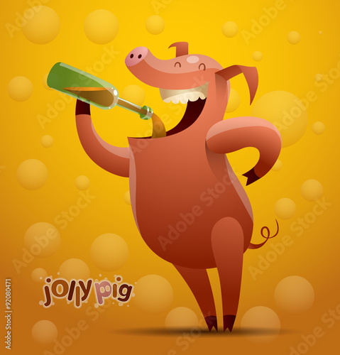 Vector jolly beer-drinking pig on an orange (beer) background. The text is written in curves.