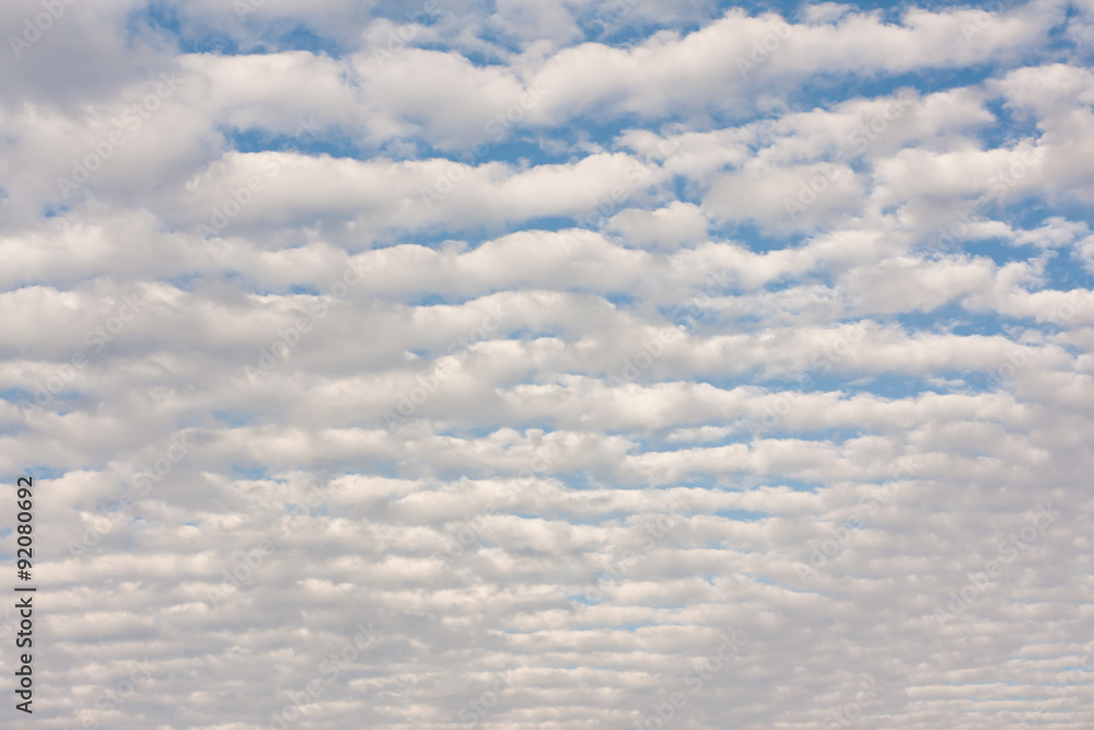 Cirrocumulus clouds above the horizon - Dense fluffy cirrocumulus clouds formation against the blue sky just above the ocean horizon. - obrazy, fototapety, plakaty 