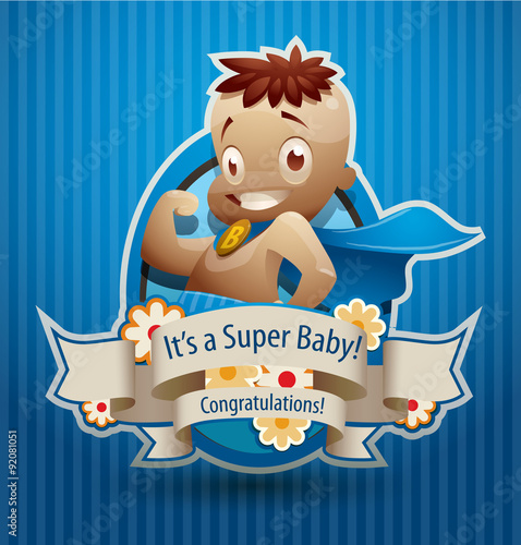 Vector super baby boy banner on a blue background. The text is written in curves.