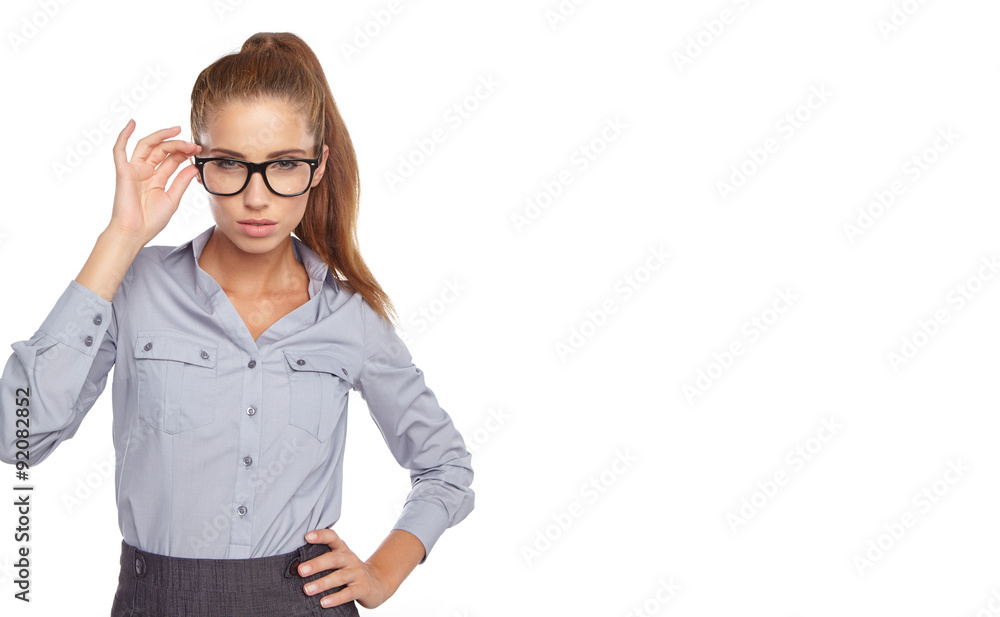 portrait of attractive caucasian smiling woman isolated on white portrait of attractive caucasian smiling woman isolated on white