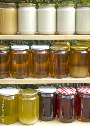 Homemade jars of different types of honey
