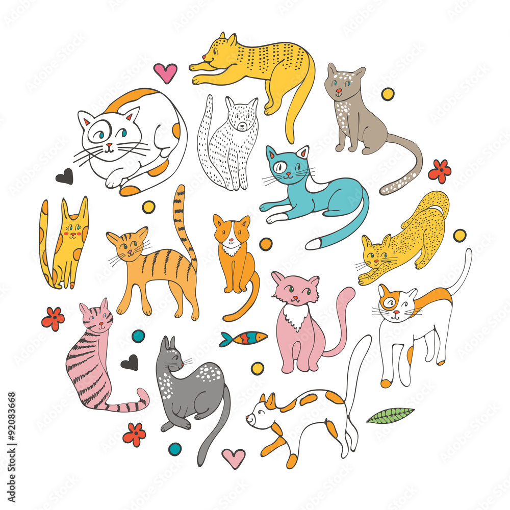 Obraz Cute hand drawn cats colorful set arranged in round composition