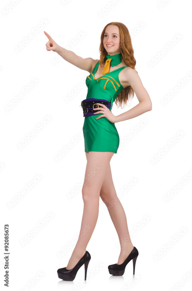 Young nice girl pressing virtual button isolated on white Young nice girl pressing virtual button isolated on white