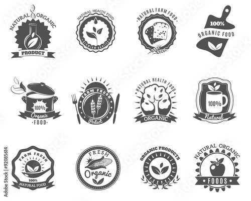 Organic food brands labels templates set black