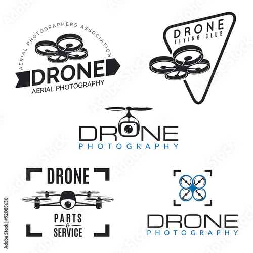 Set of drone logos, badges and design elements. Quadrocopter sto
