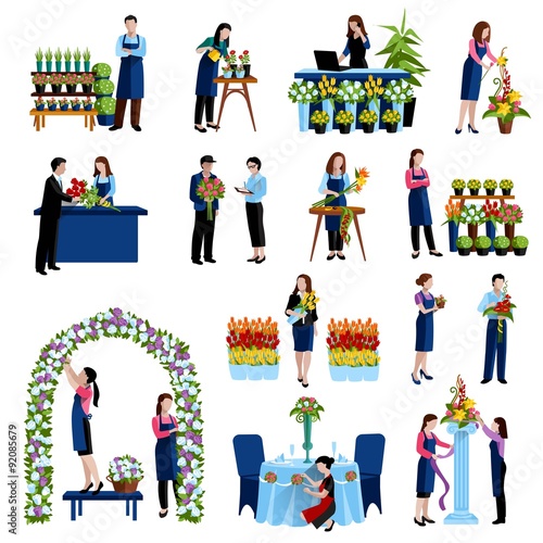 Florists arranging flowers flat icons set