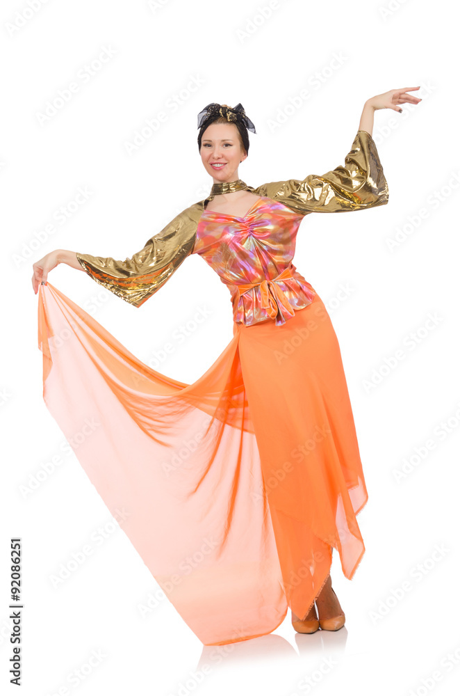 Woman in orange dress isolated on white