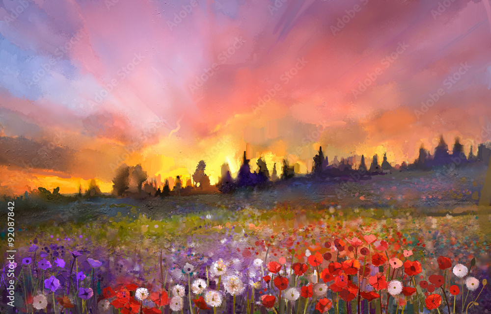 Obraz premium Oil painting poppy, dandelion, daisy flowers in fields. Sunset meadow landscape with wildflower, hill, sky in orange and blue violet color background. Hand Paint summer floral Impressionist style