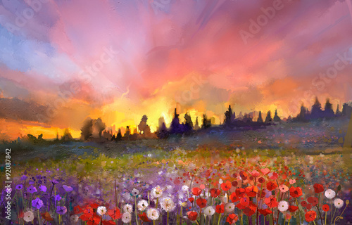 Canvas-taulu Oil painting poppy, dandelion, daisy flowers in fields