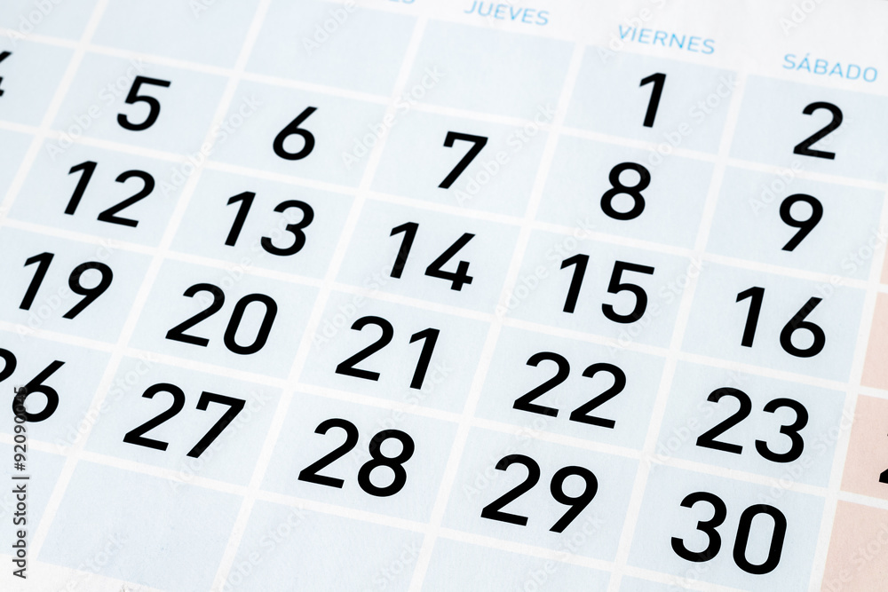 Calendar page of a month with thirty days Calendar page of a month with thirty days