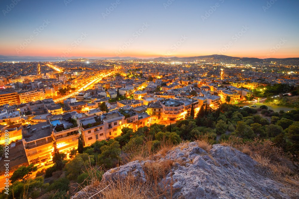 Evening view of Athens from Filopappou hill, Greece.