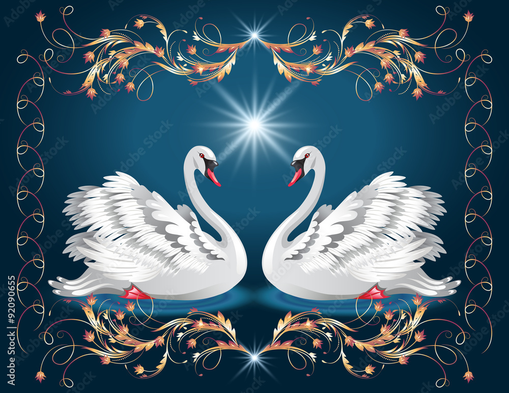 Naklejka premium Elegant white swans and golden ornament