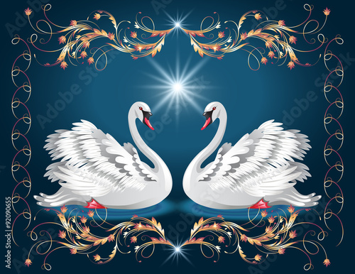 Fototapeta Naklejka Na Ścianę i Meble -  Elegant white swans and golden ornament