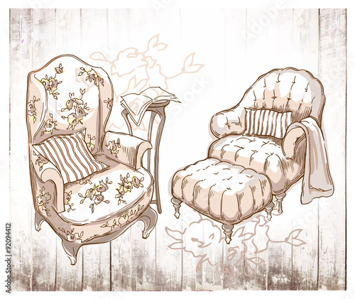 Hand made vecor sketch of cozy interior elements.