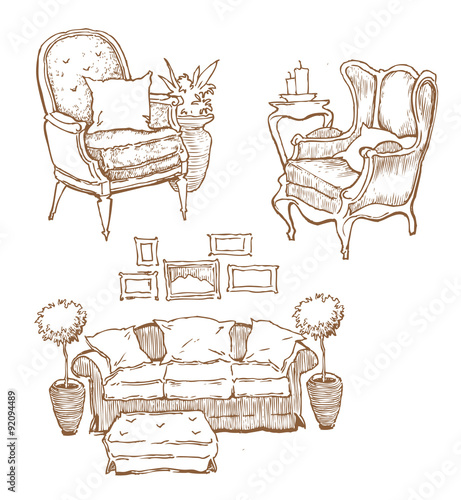 Hand made vecor sketch of cozy interior elements.