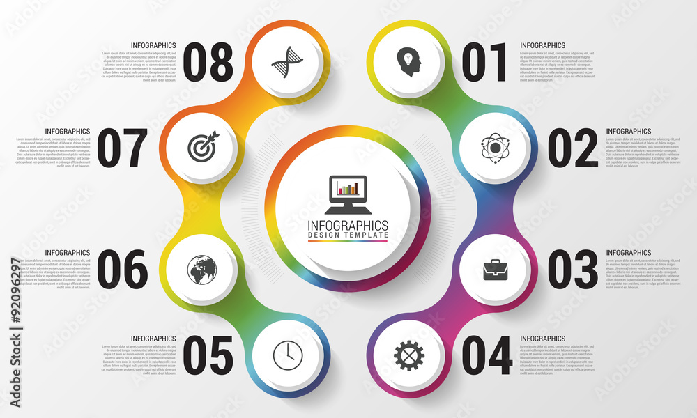 Infographic. Modern design template. Colorful circle with icons. Vector illustration Infographic. Modern design template. Colorful circle with icons. Vector illustration