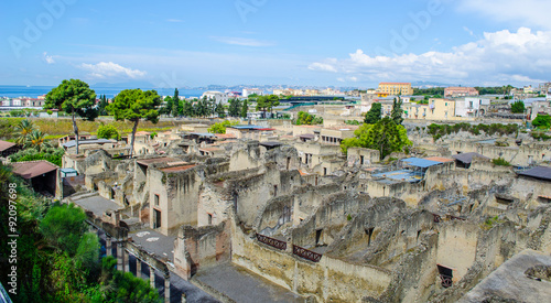 ruins of herculaneum destroyed by vesuvius volcano are less famous than ruins of pompeii, but nevertheless they also create compact area of former buildings attracting thousands of tourist every year photo