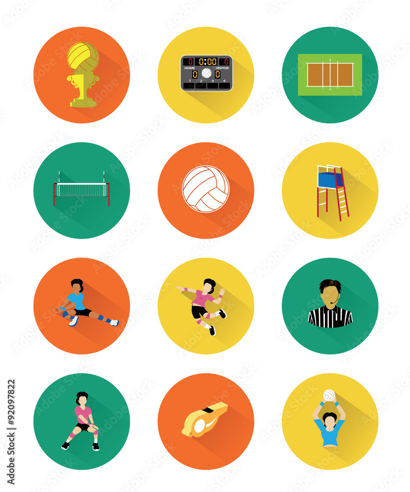 Modern flat volleyball icons set with long shadow effect Modern flat volleyball icons set with long shadow effect