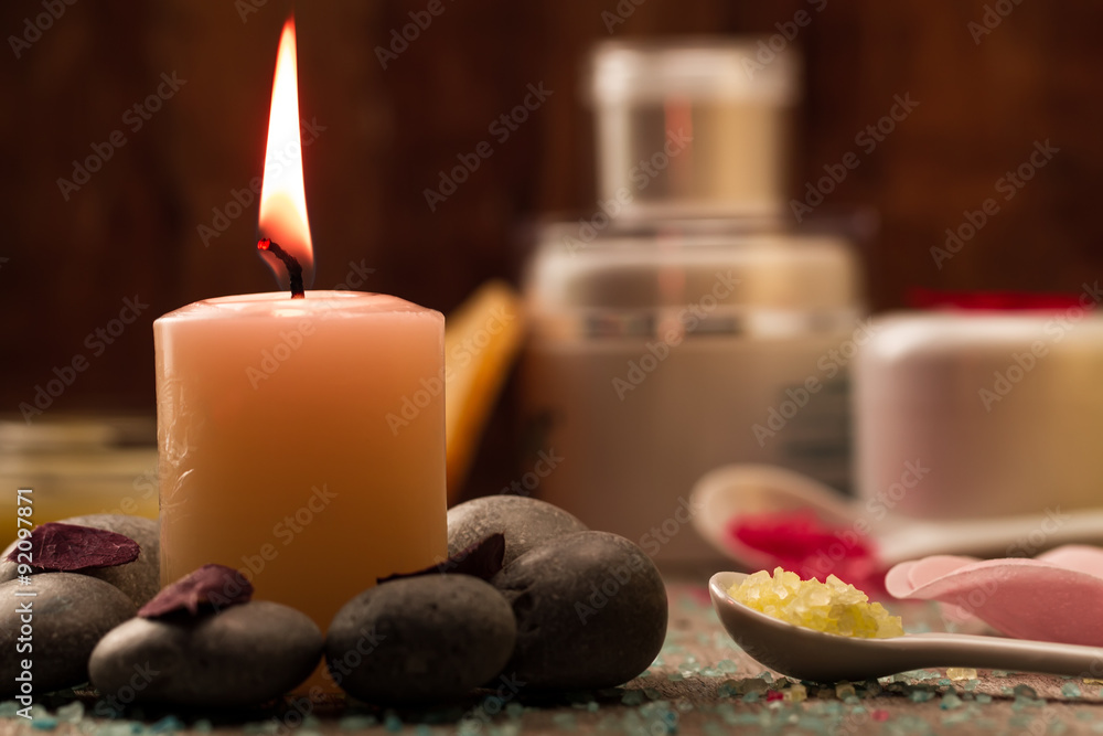 Spa composition with sea salt, candles, soap, shells, creams for face on wooden background. Aromatherapy. Spa composition with sea salt, candles, soap, shells, creams for face on wooden background. Aromatherapy.