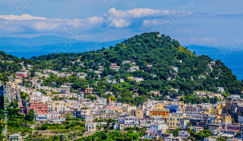 aerial view of italian holiday island capri, which combines beautiful nature spreadin over two hills and two tiny cities among them photo