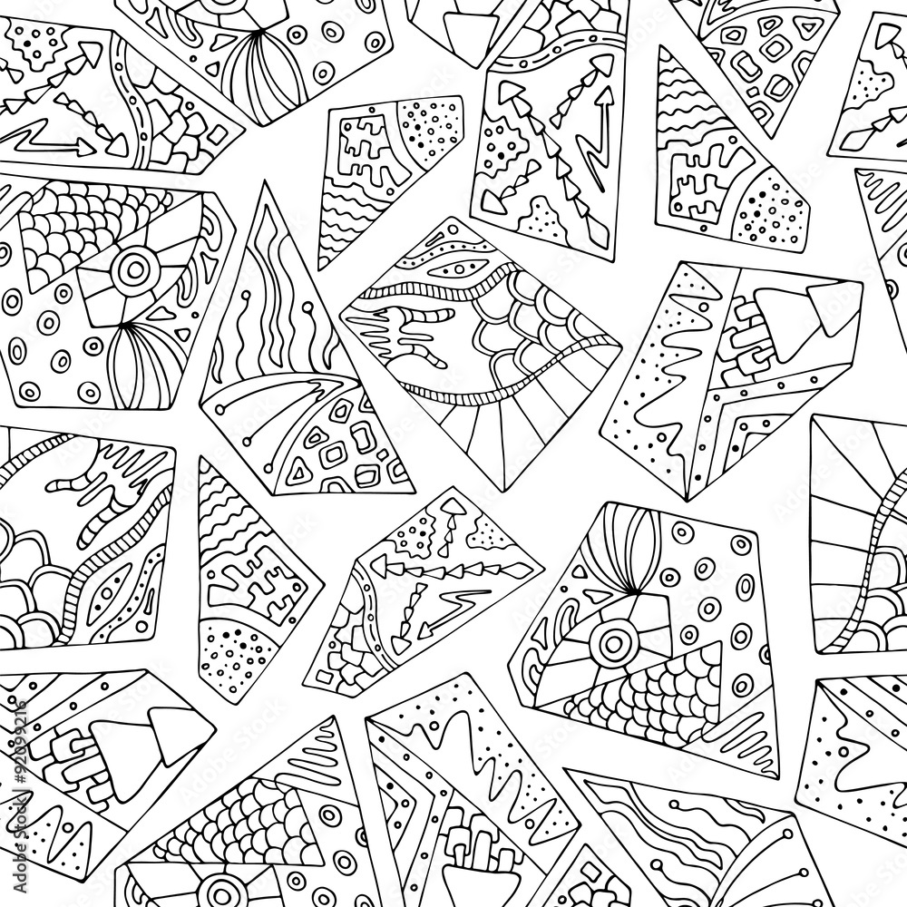 Seamless black and white geometric pattern in the style of zentangle, handmade
