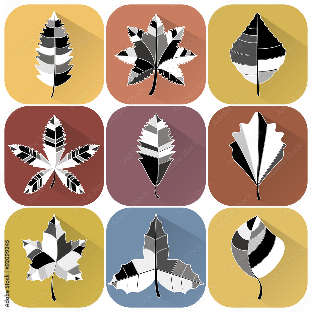set of nine icons with flat black and white leaves and long shad