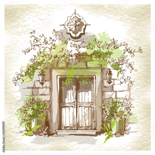 Hand made sketch of old street. 