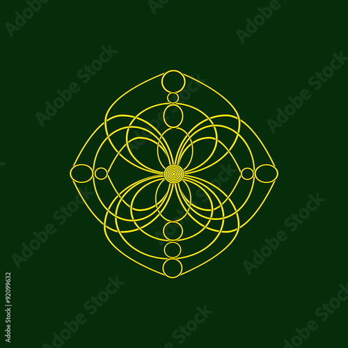 Vector ornament resembling golden brooch made of rings on dark green background