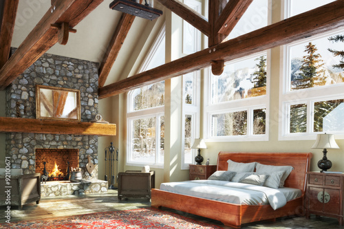 Wall Mural Luxurious open floor cabin interior bedroom design with roaring fireplace and winter scenic background