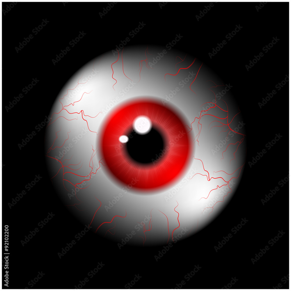 Image of realistic human eye ball with red pupil, iris. Vector illustration isolated on black background. Image of realistic human eye ball with red pupil, iris. Vector illustration isolated on black background.
