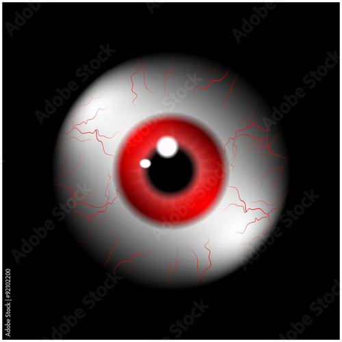 Image of realistic human eye ball with red pupil, iris. Vector illustration isolated on black background.