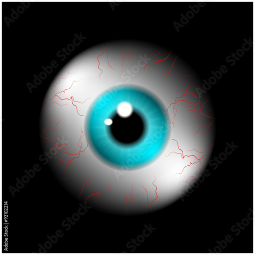 Image of realistic human eye ball with blue pupil, iris. Vector illustration isolated on black background.