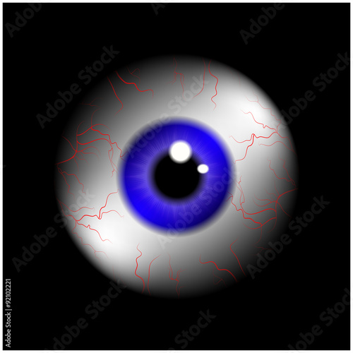 Image of realistic human eye ball with blue pupil  iris. Vector illustration isolated on black background.