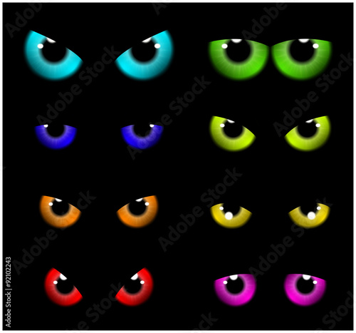 Image of Happy Halloween  spooky background Flat design. Vector illustration of invitation card with scary eyes, eyeballs, iris.