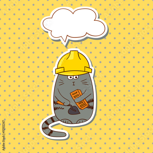 Cartoon construction worker. Funny cat builder with speech bubble on dots background. Vector illustration.