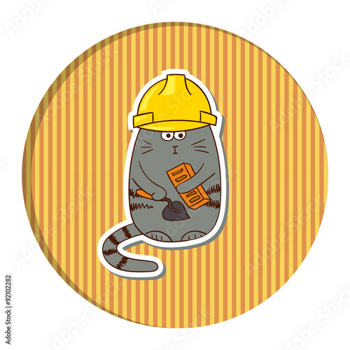 Funny cartoon cat builder in helmet on stripped background. Colorful vector illustration.