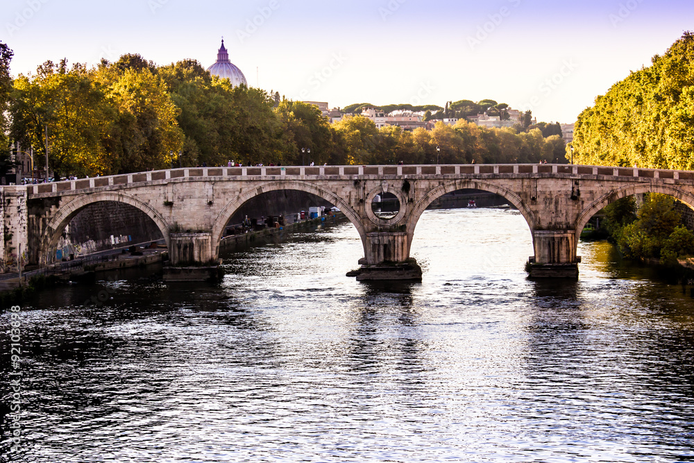 panoramic view of a bridge on the Tiber river, Rome, Italy